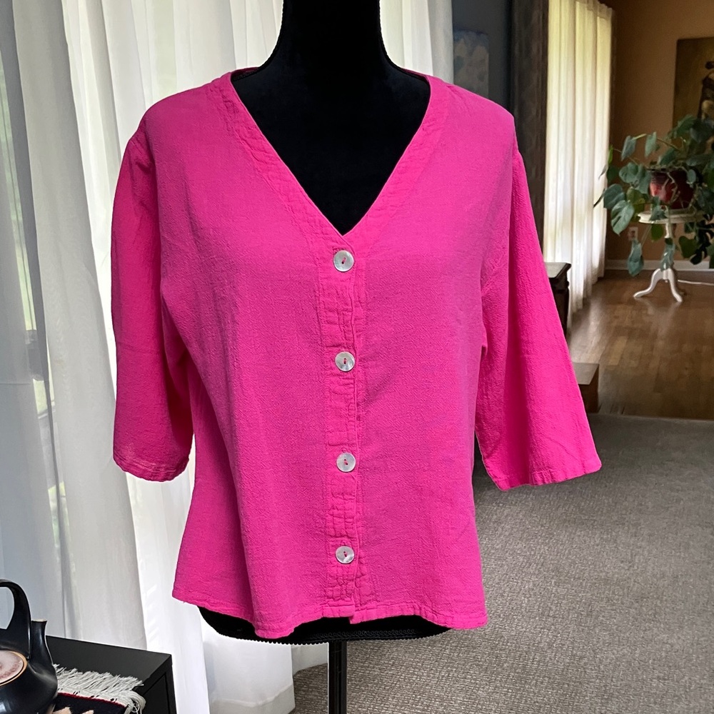 Oh My Gauze! Fuchsia M Button Down Shirt 3/4 Sleeve Vneck SideSlits Relaxed Fit - Picture 13 of 16
